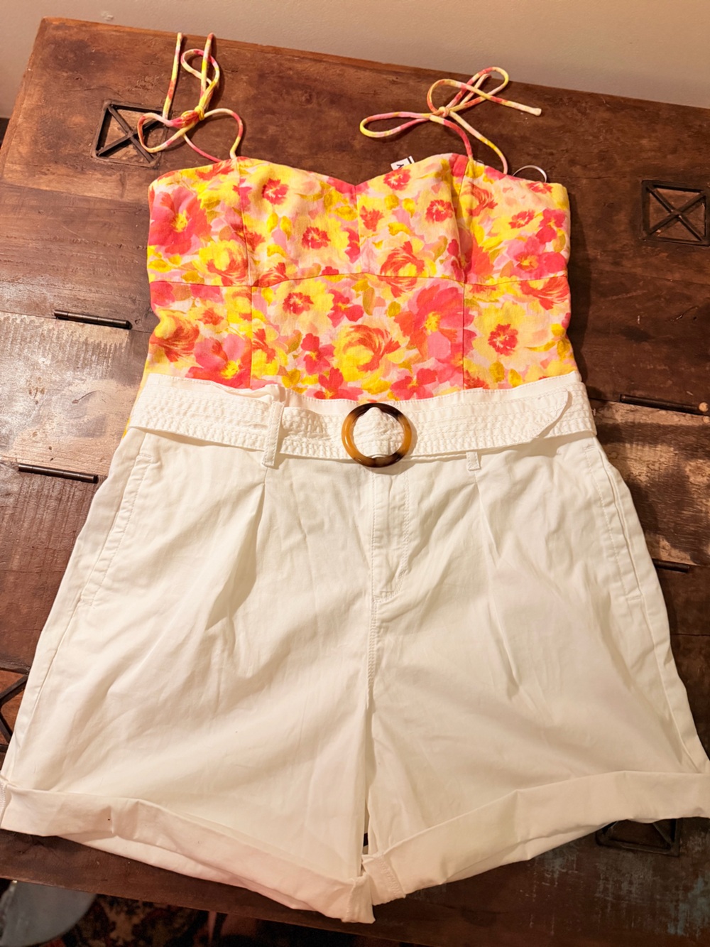 Summer sunshine floral linen blend   crop top with white high waisted shorts
